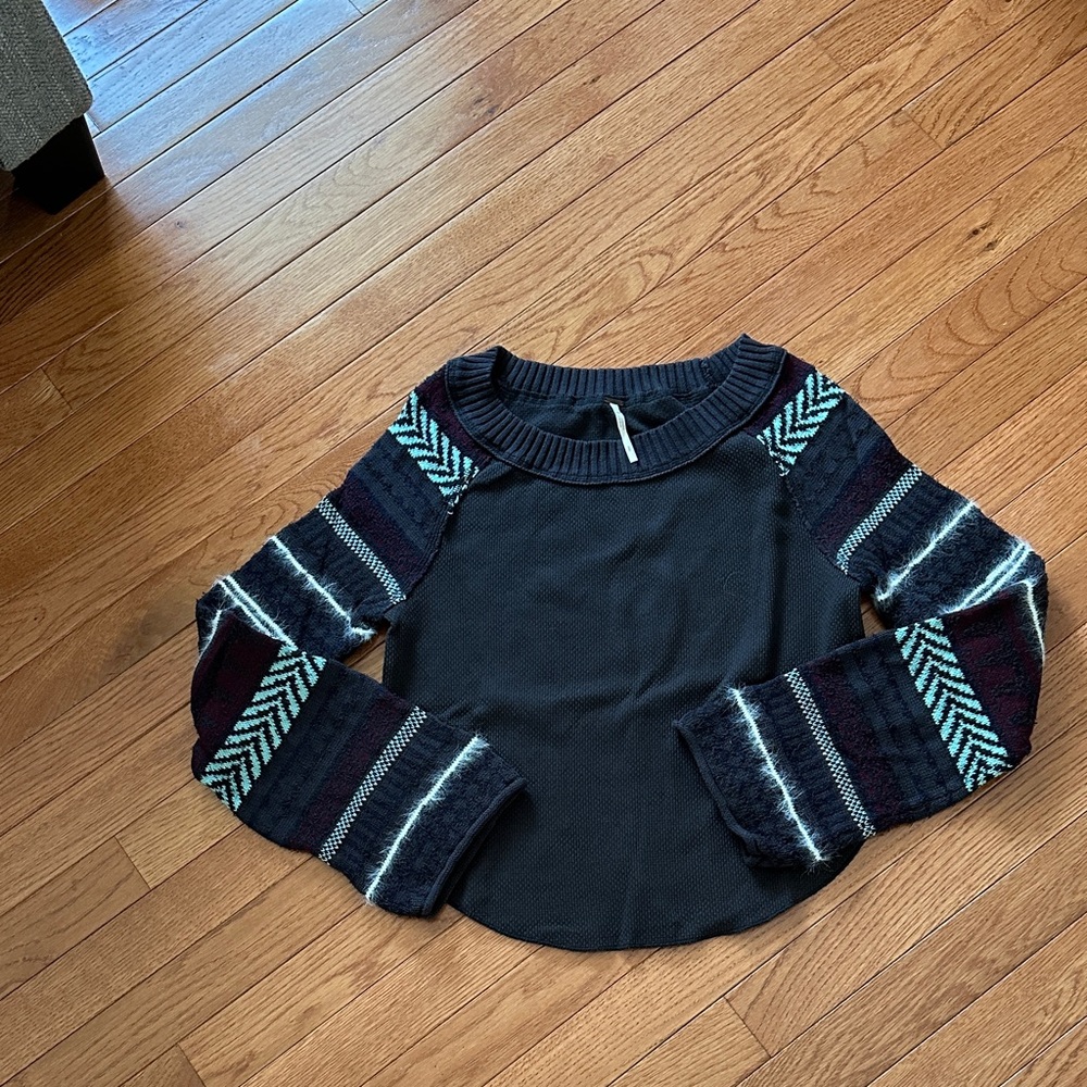 Free People Black Sweater with Patterned Sleeves
